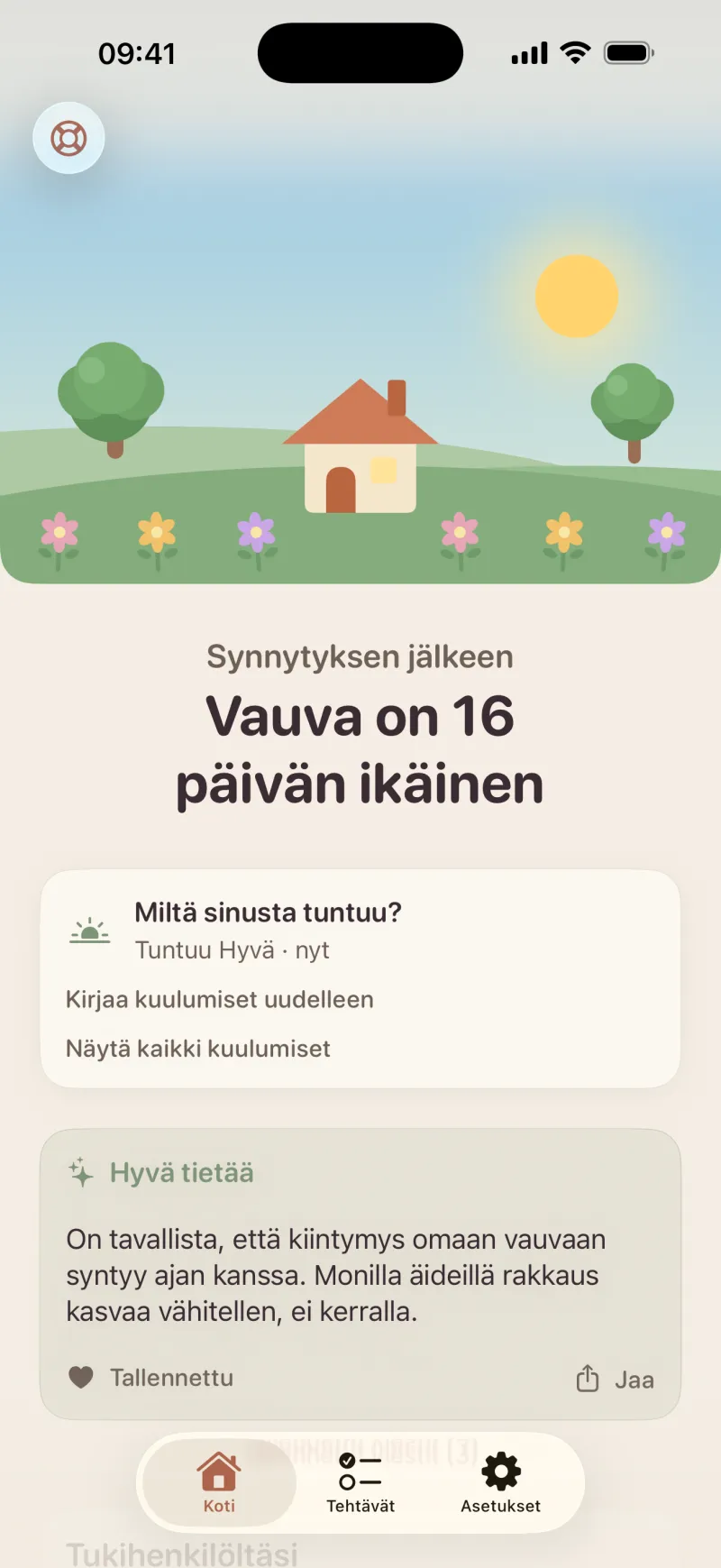Kuvakaappaus Postpartum Hero -sovelluksesta